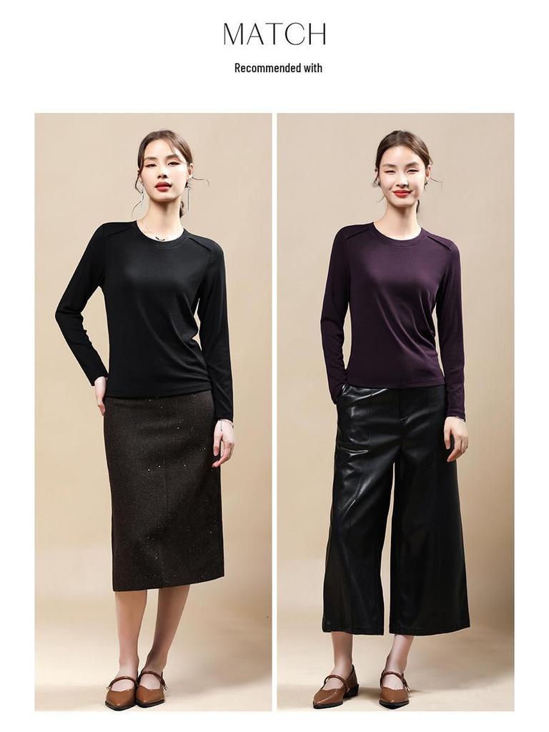 Women's Tencel Wool Slimming Base Layer Shirt - Round Neck, Long Sleeve, Spring/Winter Style, Skin-Friendly & Elastic Fit (2025).