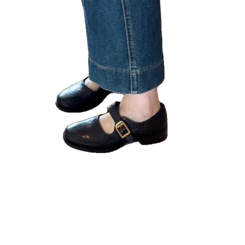 Leather Retro Round Head with Thick Heel Mary Jane Small Leather Shoes Women's New French Light Mouth Temperament Versatile Single Shoes