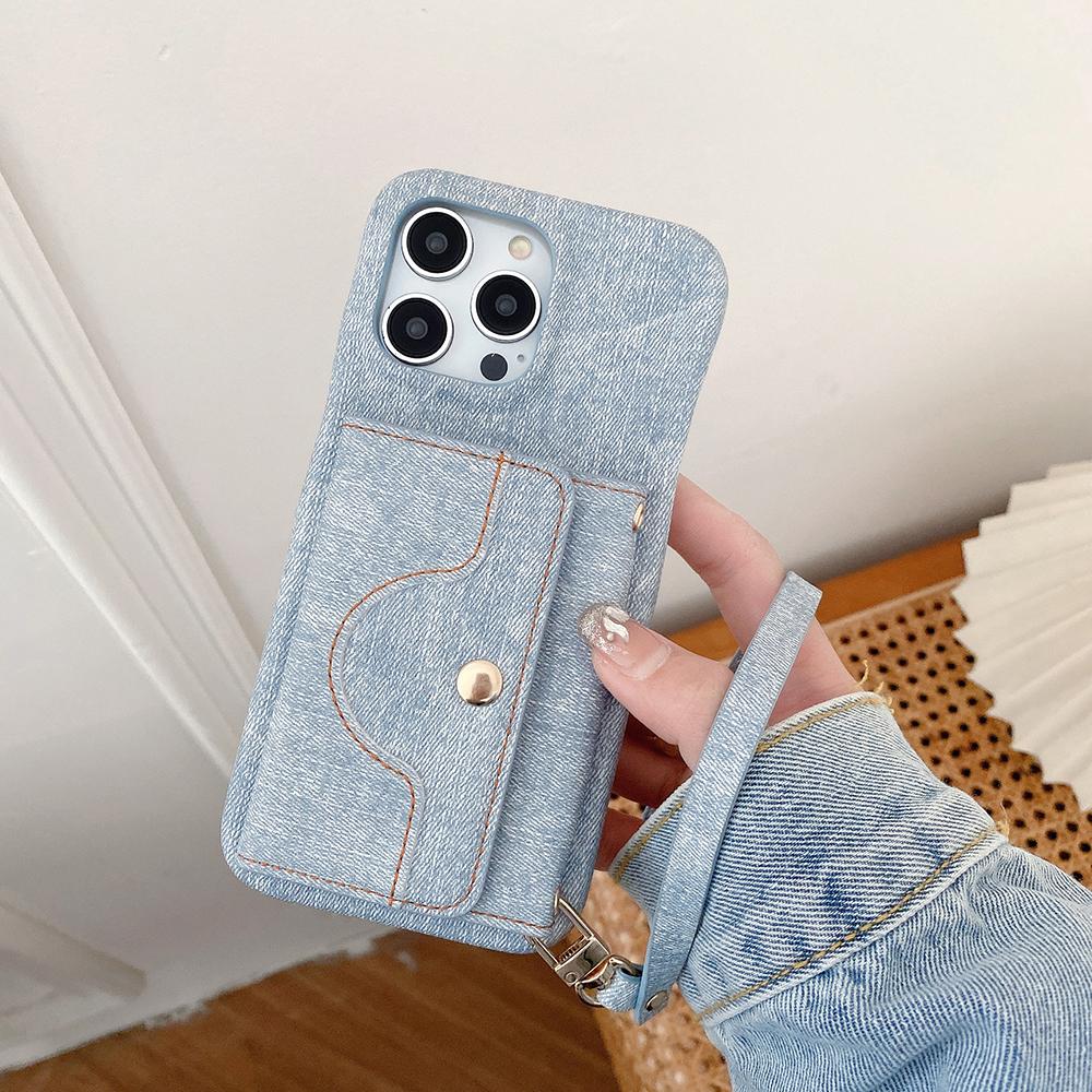 For iPhone 14 Pro Max Case Card Slots Mirror Design Jeans Cloth Texture PU Leather Back Cover with Strap