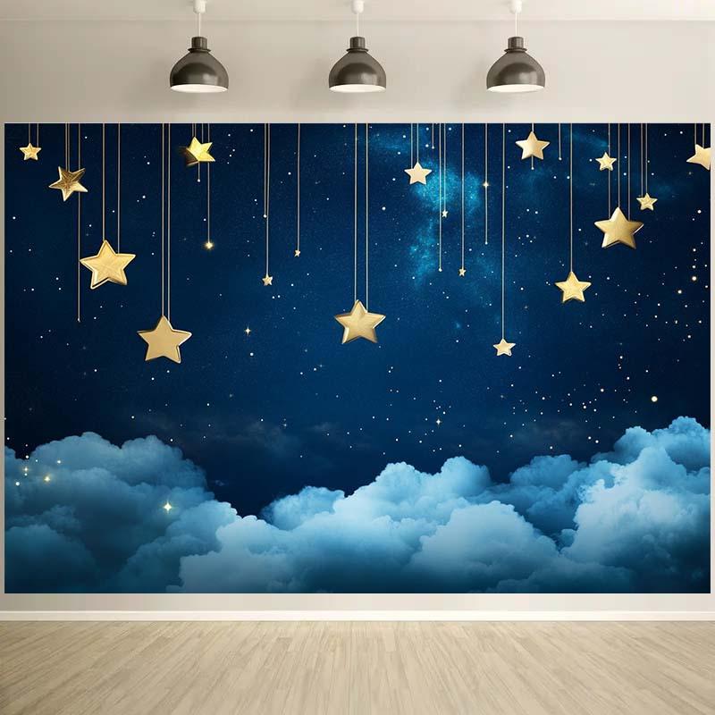 1 Starry Night Sky with Clouds and Hanging Stars Theme Background, Suitable for Photography, Events, and Parties