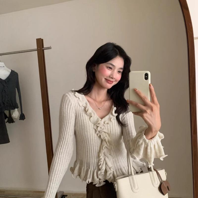 Pulover tricotat subțire cu dantelă ciupercă la modă, toamnă 2025 nou pulover de damă cu talie și decolteu în V 11950