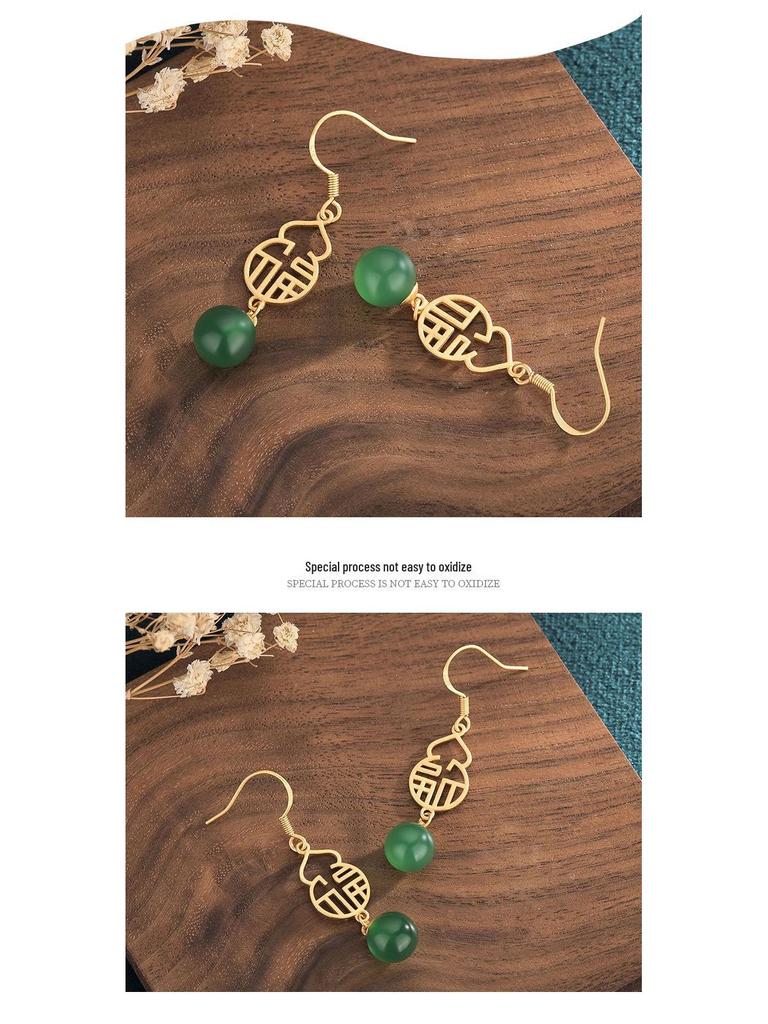 Creative National Tide Style Fu Lu Gold-Plated Stud Earrings with Chalcedony Jasper Gourd for Women