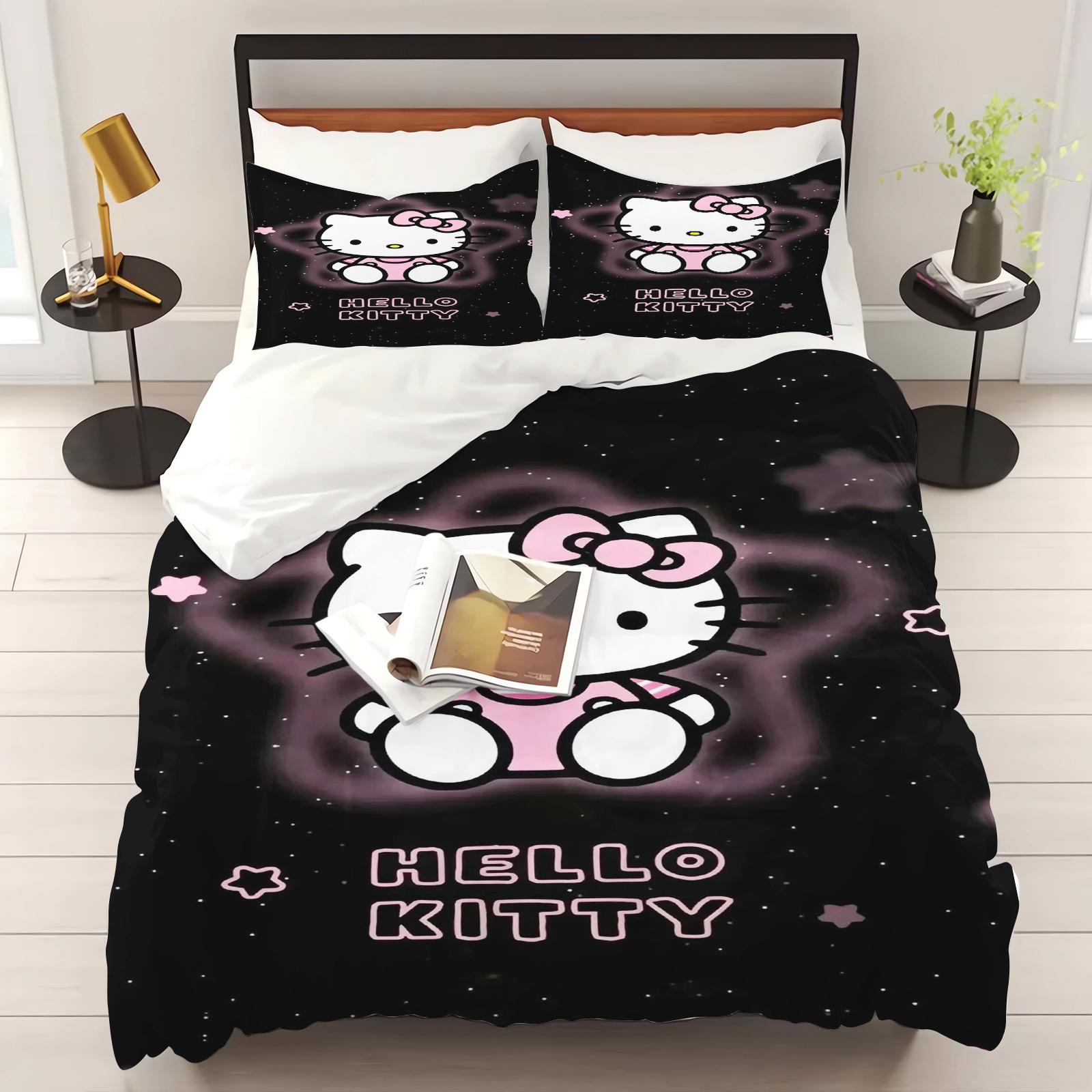 Ložní povlečení Hello Kitty do ložnice Sada povlak na přikrývku Vánoční dárky Pohodlí Kreslený s povlakem na polštář EU Single(135*200cm)3pcs white