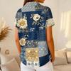 Women's Casual Short Sleeve Waffle Knit Polo Shirt Vintage Floral Print Button Down Collared Top Lightweight Breathable Fabric