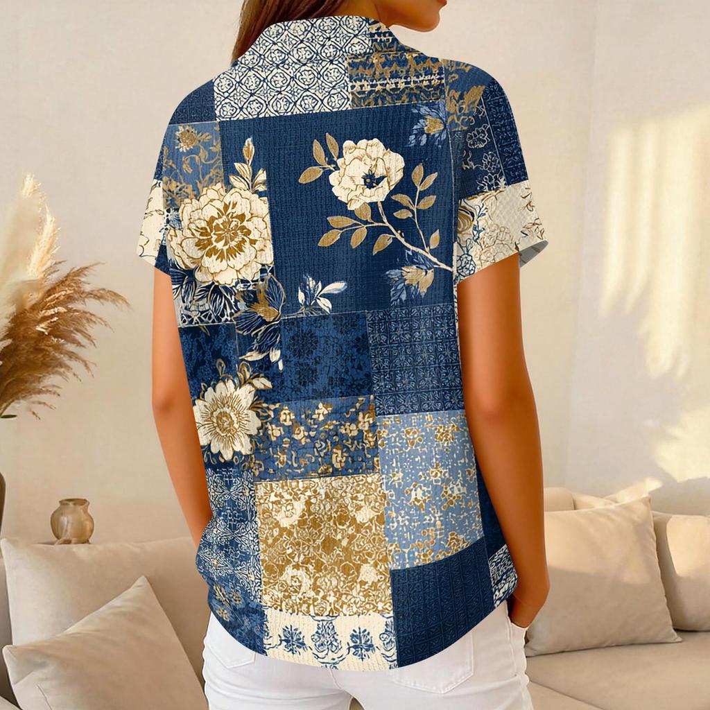 Women's Casual Short Sleeve Waffle Knit Polo Shirt Vintage Floral Print Button Down Collared Top Lightweight Breathable Fabric