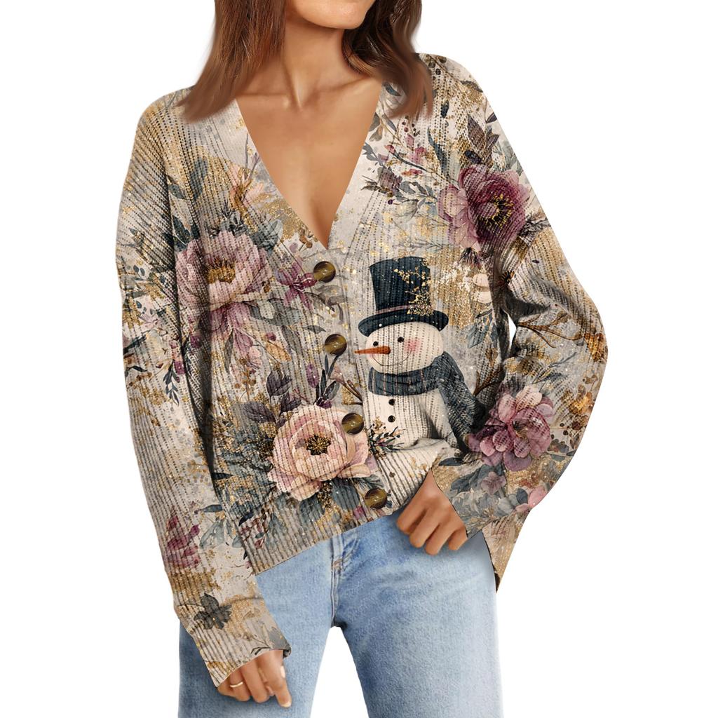 Women's Fashion Long Sleeve Print V-Neck Button Loose Cardigan Top