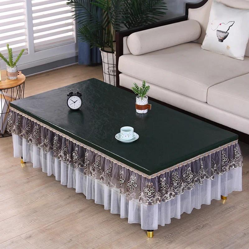 Waterproof Heat-resistant Table Cover Embroidered Lace Edge Leather Tablecloth Dining Table Chiffon Hem Oil Proof Dust Cover