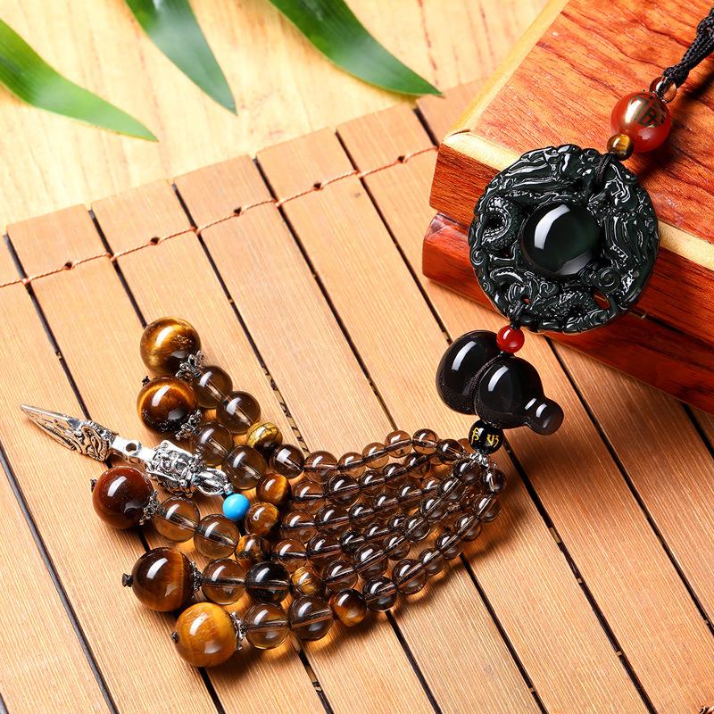 Obsidiana Naturale Accessorio per Auto Sicuro Viaggio Benedizione Ciondolo Specchietto Retrovisore Auto Ornamenti Regalo di Compleanno Decorazione Auto