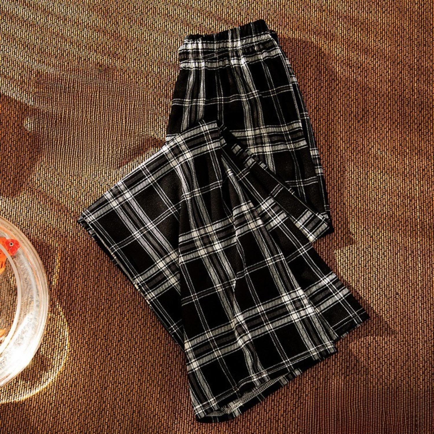 Women s High Waist Wide Leg Pants Plaid Loose Fit Casual Summer Trousers Pants One size fits all