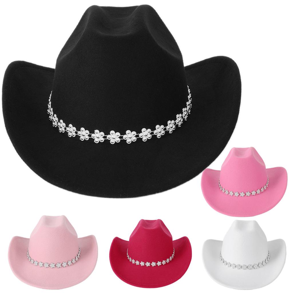 Ladies' gender-neutral top hat Western jazz hat curved wide brim accessories rhinestones flower decoration bridal wedding
