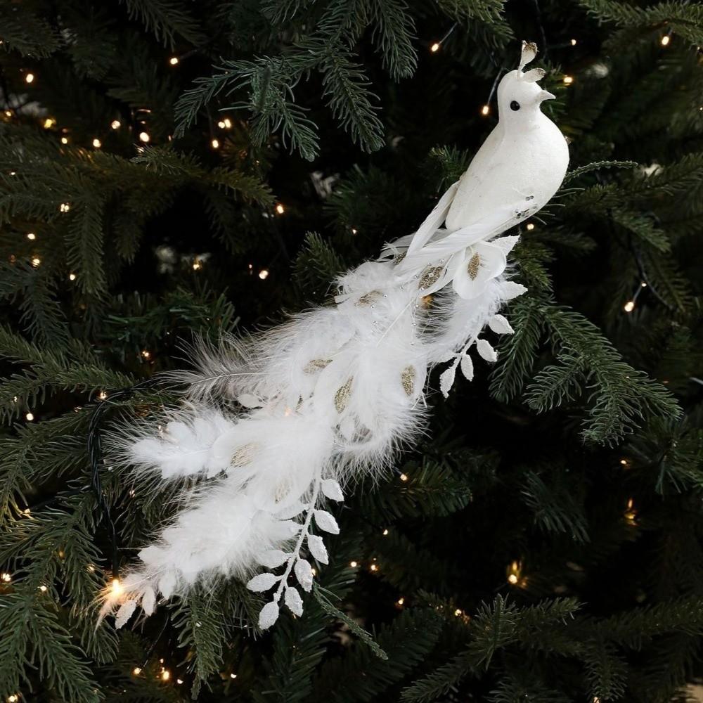 Long Tail Christmas Peacock Ornaments Realistic Glimmering Feather Peacock Bird Figurine with Clip Handmade