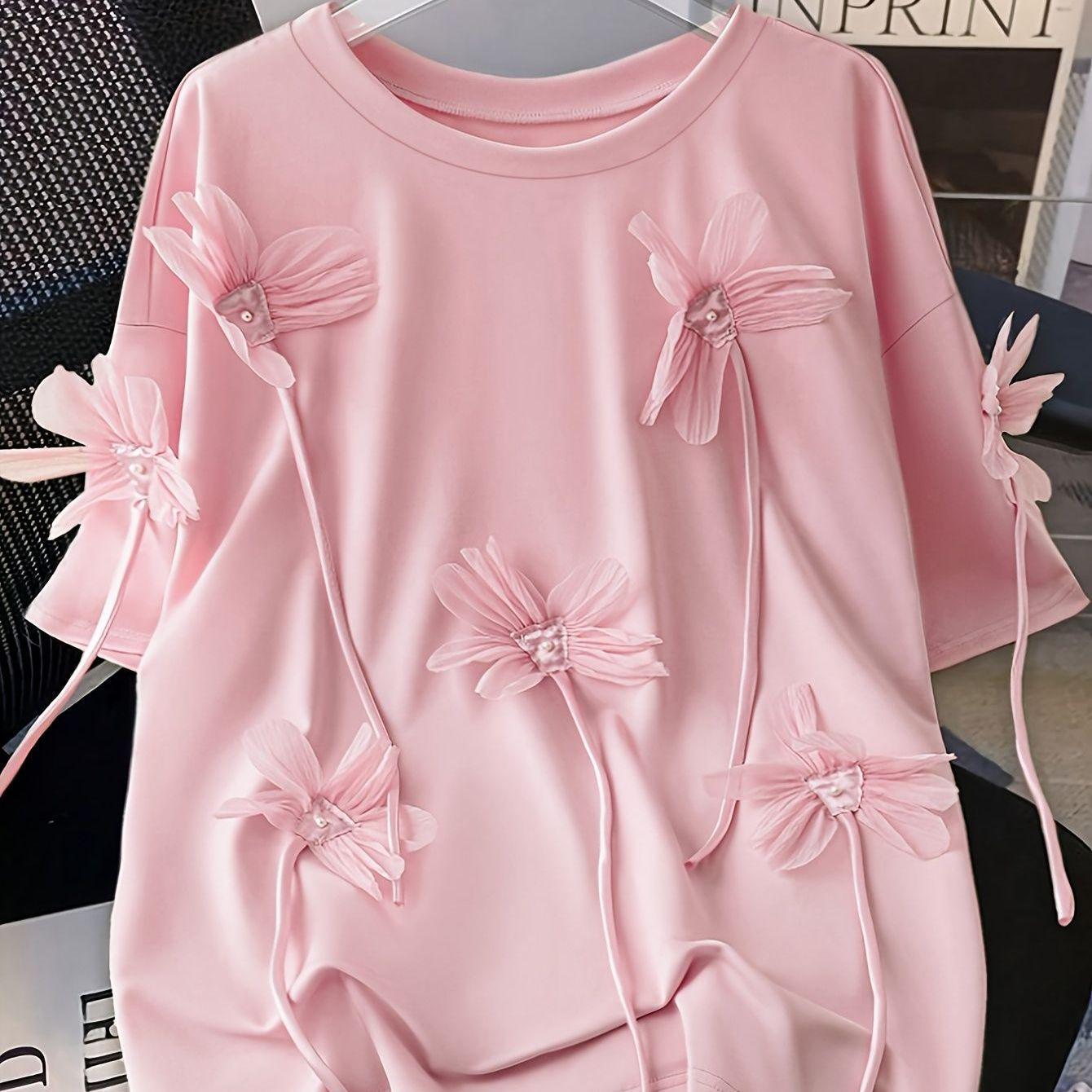

Plus Size Women s 3D Flower Casual T-Shirt - Spring/Summer Short Sleeve XS розовый
