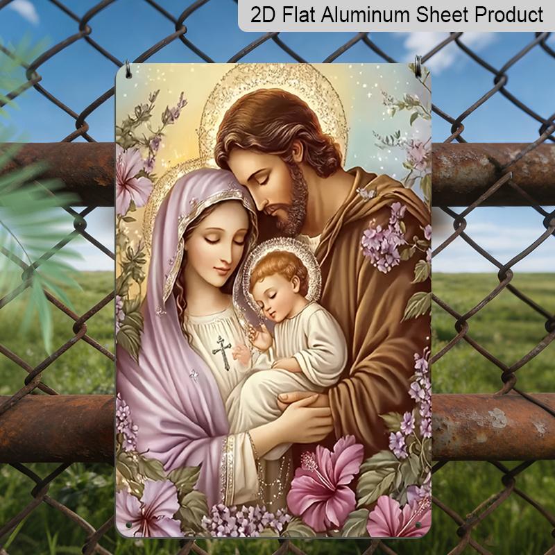 2D Flat Holy Family Virgin Mary Joseph Nativity Scene Floral Aluminum Metal Sign‑8.0x12.0inch Catholic Religious Wall Decor, Christian Chapel Home