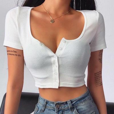 Buttons Summer Crop Top T-shirt Women Corset Skinny Knitted Tee Shirt Femme Casual Basic Sexy Tshirt Woman