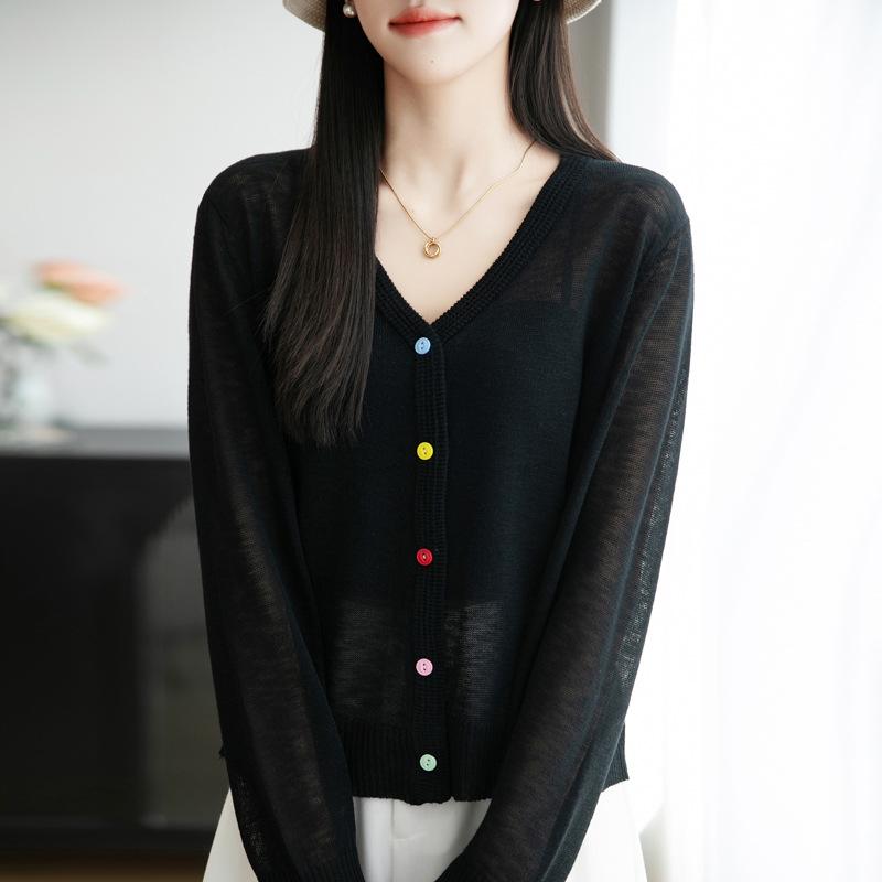 Summer Thin Bamboo Joint Linen V-neck Cardigan Light One Tone Sweater Versatile Air Conditioning Blouse Sunscreen Jacket