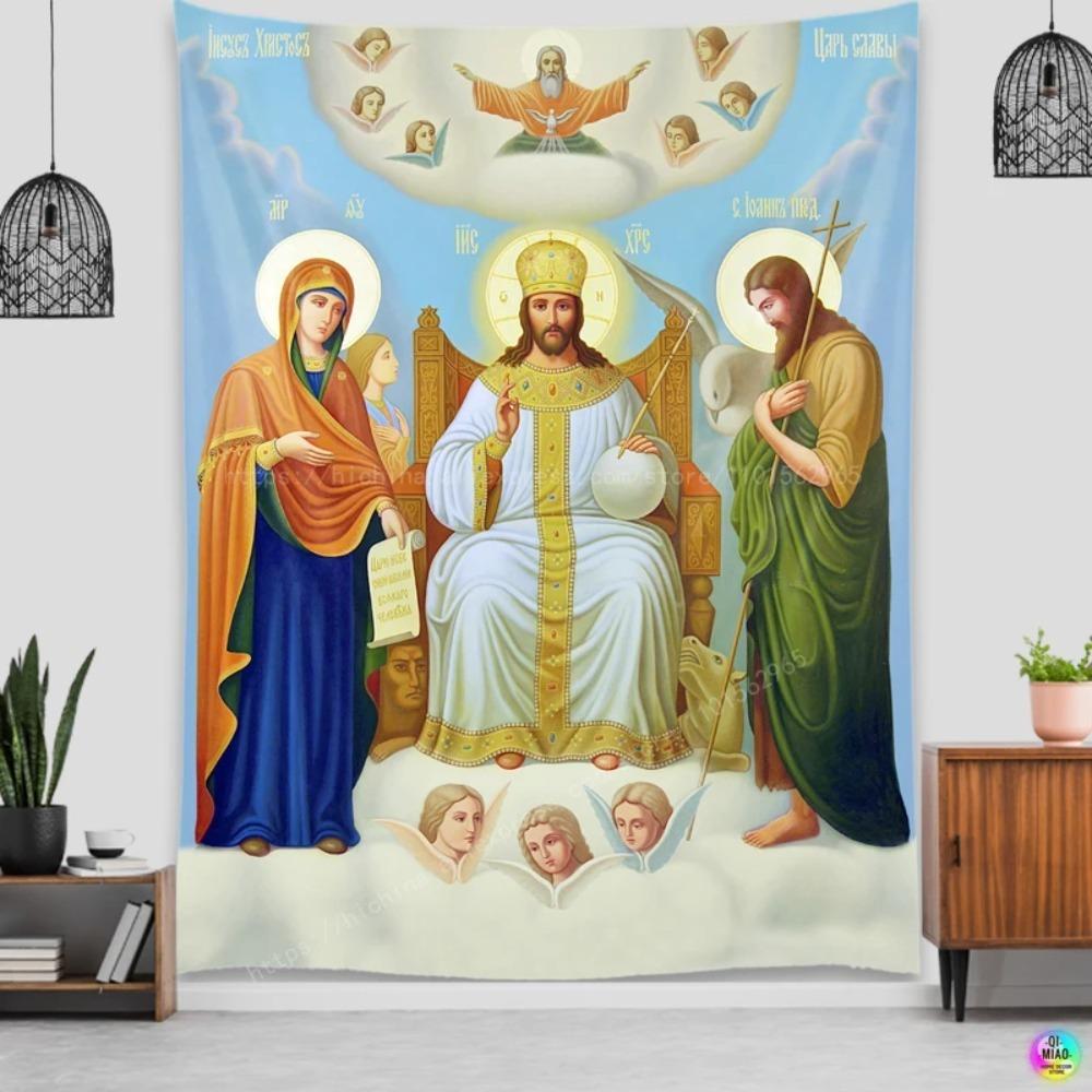 Orthodox Icon Jesus Tapestry 2D Flat Print Sacred Home Decor Living Room Wall Hanging Traditional Functional Spiritual Religious