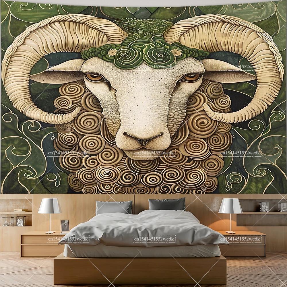 Sheep in Garden Tapestry Wall Hanging Animal Ram Sheep Deer Tapestry Aesthetic Room Decor Wallpapers For Bedroom Paintings