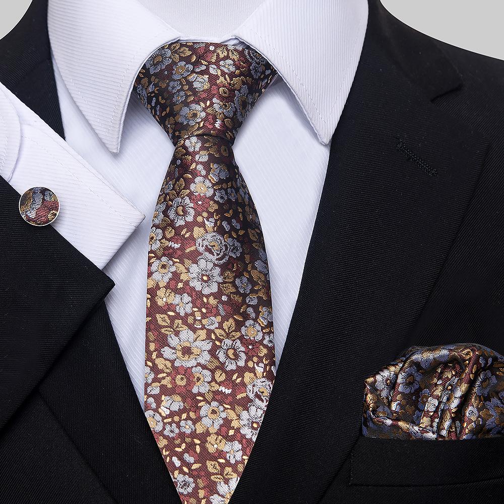 Korean Version Of Casual Floral Tie Men'S Jacquard Polyester Silk Pocket Towel Cufflink Tie Set