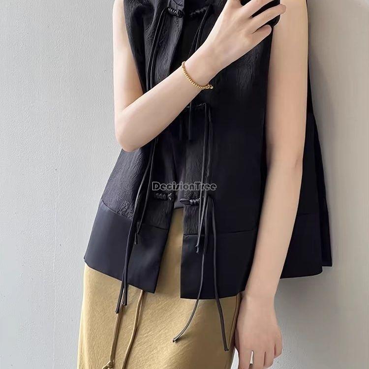 Spring Summer Chinese Style Plate Buckle Waistcoat Jacket Jacquard Stand Collar Sleeveless Retro Women Cheongsam Waistcoat