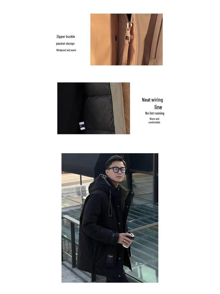 2025 Men's Black Hooded Mid-Length White Duck Down Parka