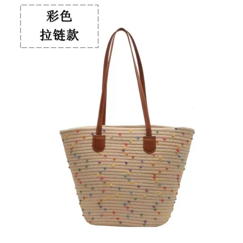New shoulder cotton rope straw bag versatile hand-woven bag women's large-capacity tote bag seaside vacation beach bag