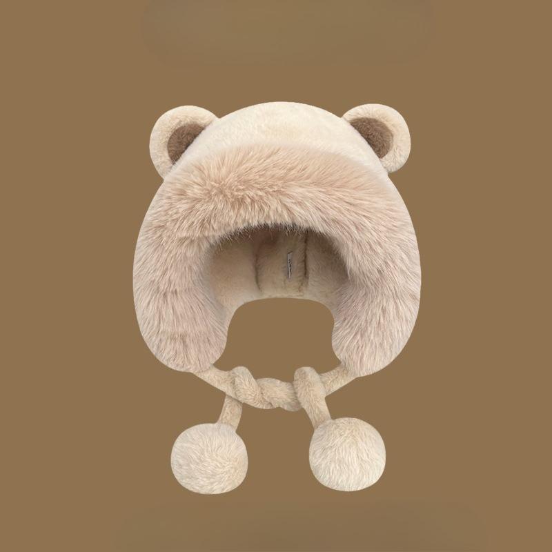 Cute Korean-Style Women's Winter Teddy Bear Ear Plush Hat Fleece-Lined Thickened Cycling Cold-Resistant Earflap Hat
