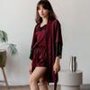 Pajamas women's autumn and winter high-end new long-sleeved splicing lace suspender shorts three-piece set