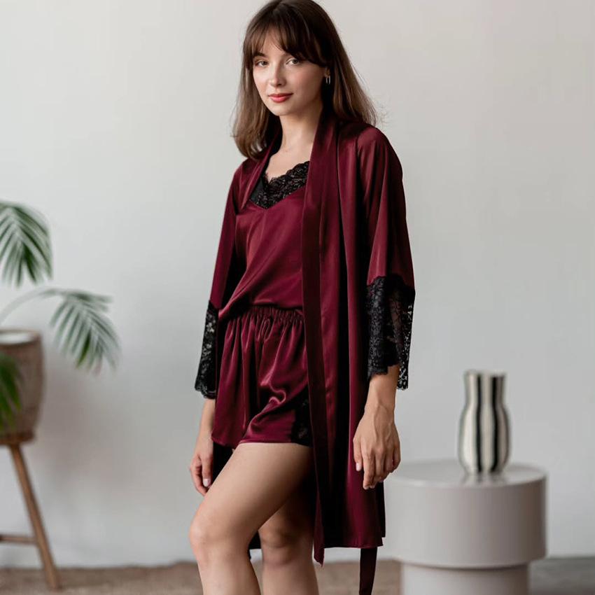 Pajamas women's autumn and winter high-end new long-sleeved splicing lace suspender shorts three-piece set