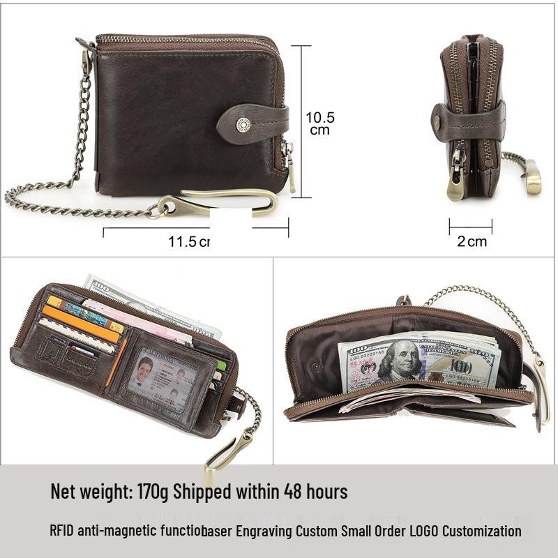 Black Angel RFID Anti-Theft Men's Wallet with Cowhide, Chain, Zipper, and Fashion Buckle