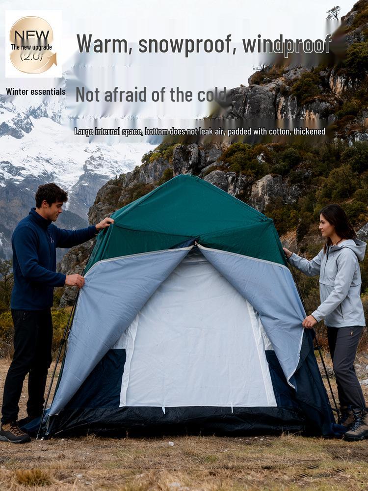 Four-Season Double-Layer Waterproof Tent with Quick-Open Design, Two Doors, Windows, and Ventilation for Camping.