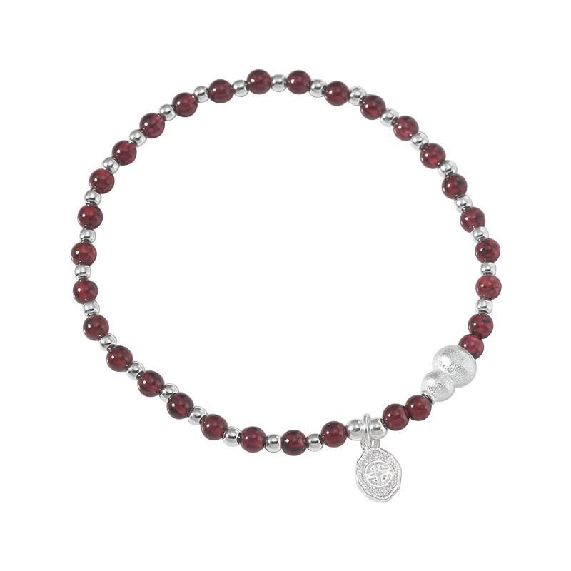 Handmade Garnet Bead Bracelet Women Sterling Charm Elastic Rope Jewelry Chinese Style Vintage Boho 925 Sterling Silver