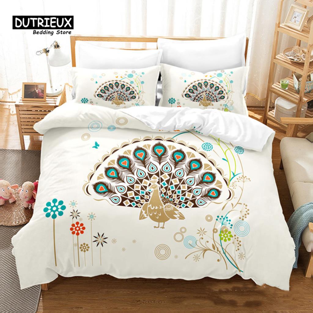 Peacock Feather Bedding Set Peacock Duvet Cover Set Single Double King For Adult Women Microfiber Comforter Cover Bedroom Decor