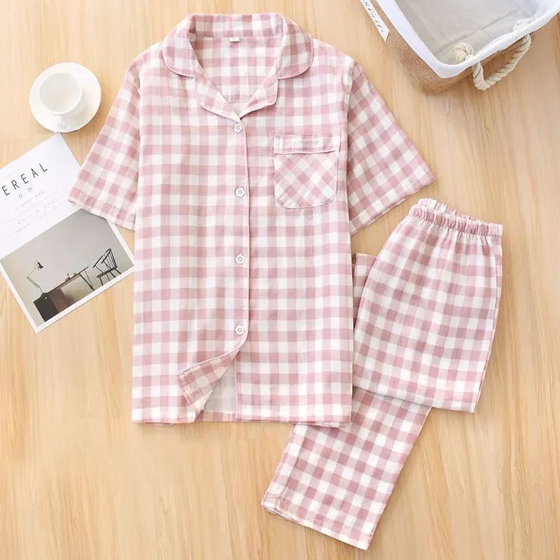 New Spring and Summer Pajamas Two-piece 100% Cotton Gauze Women's Short-sleeved Trousers Home Service Suit Cute and Thin
