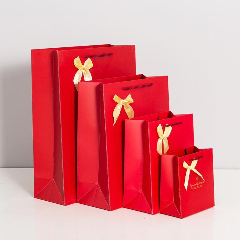 20pcs High End Hot Stamping Thicken Bow Handbag Wedding Birthday Party Gift Bags Golden Clothing Store Packaging Paper Pouches Red Shopping Pockets