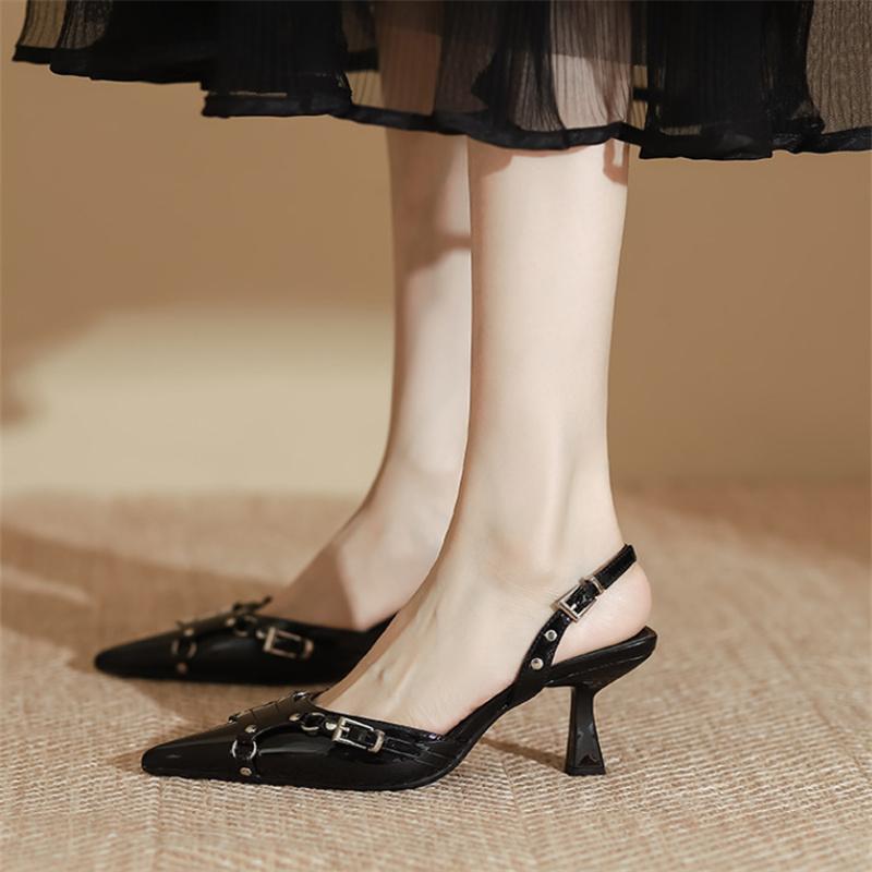 Patent Leather Women Sandals Sexy Pointed Toe Back Strap Buckle Summer Slingback Footwear Ladies High Heel Wedding Party Shoes