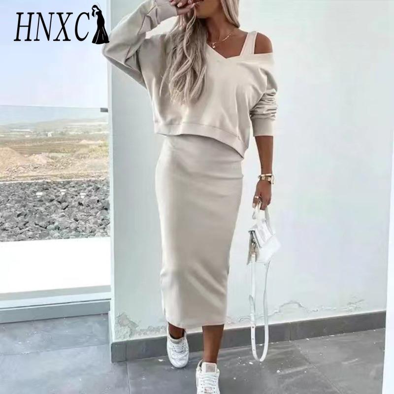 HNXC Women's Fashion Casual Solid Color Print Long Sleeve Pants Suits Sweatshirt
