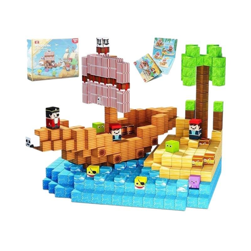 Non-Toxic 100Pcs Children Cartoon Building Blocks Pirate-Ship World Set Creative Learning Sensory Toys Educational Magnetic Cube Bricks