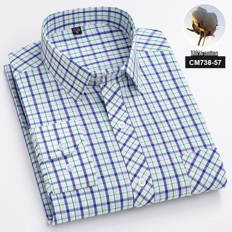 Men's Slim Fit Plaid 100% Cotton Shirt - Long Sleeve, Spring/Autumn Casual Korean Style for Young & Middle-Aged