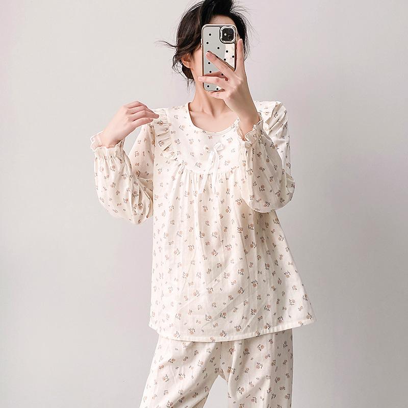 Floral cotton yarn pajamas women's spring and autumn long-sleeved trousers loungewear set cute built-in chest pad comfortable pajamas