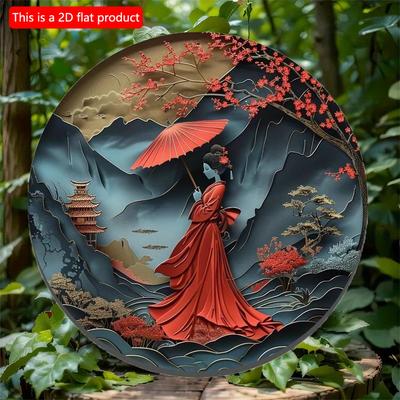 2d Flat 20*20cm, Round Wooden Wall Sign, Japanese Kimono Decorative Art for Door Decor Room Decor, Home Decor with Modern Style.