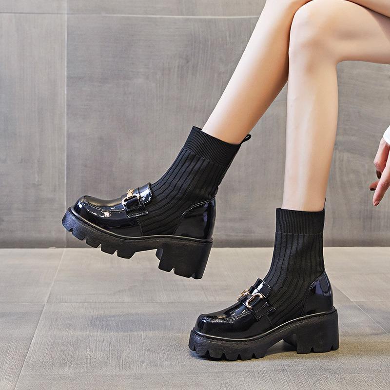 Black high-heeled short boots thick-heeled loafers boots integrated with wide-leg pants skirt shoes with socks Martin boots