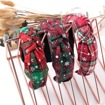 Fashion Women Plaid Knot Snowflake Print Elastic Hairband Christmas Hair Hoop