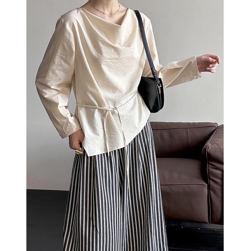 Orange Zhi Spring Women's Tie-Up Loose Fit Shirt with Stacked Collar - Versatile, Simple, and Stylish