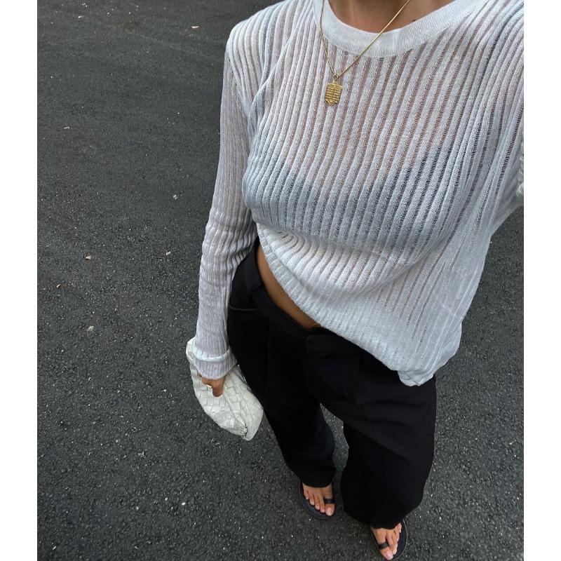 Women's Skeleton Knit Spring Autumn Sexy Slim Round Neck Long Sleeve Thin Pit Stripe Knit Sweater