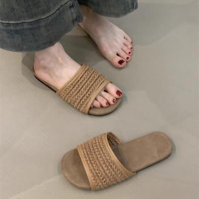 One Word Cool Slippers Women's Shoes 2025 Summer Korean Version Lazy Wind Woven Vacation Cool Slippers Women's Shoes