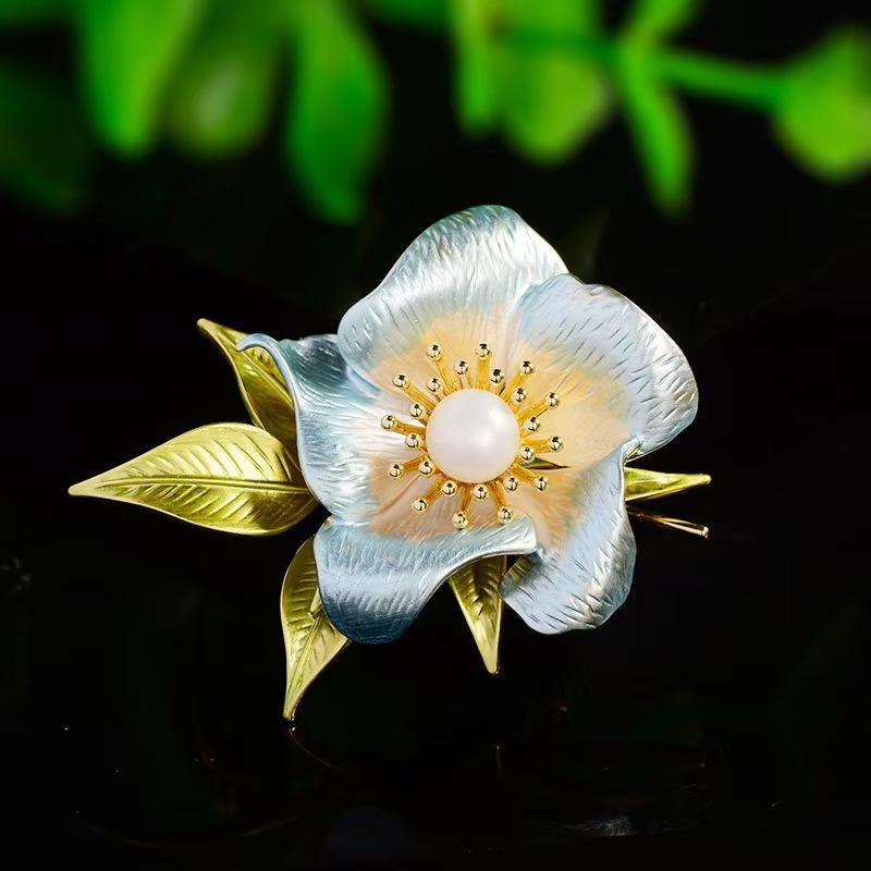 

National style enamel painted flower brooch freshwater pearl high-end women s brooch pin small fragrant style suit accessories синій