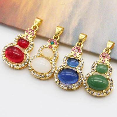 Gold-Inlaid Jade Gourd Pendant Necklace with Imitation Green Chalcedony and Diamond Enamel for Women