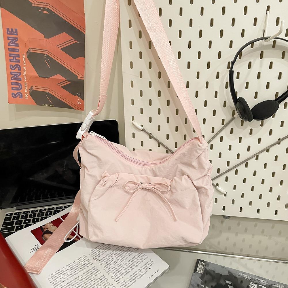 

Korean Style Nylon Shoulder Bag Pleated Drawstring Bag Casual Bow Crossbody Bag Office Worker