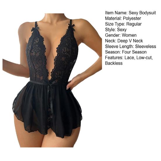 Sexy Body mit tiefem Ausschnitt und tiefem V-Ausschnitt, ärmellos, durchsichtiges Netz aus Spitze, überkreuzter Rücken, Blumenstickerei, Schleifendekor, verstellbarer Spaghettiträger