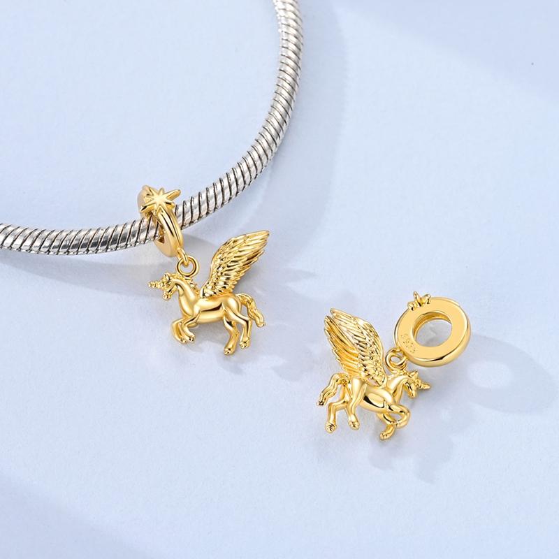 Original 925 Sterling Silver Charm Bead Gold Flying Unicorn Pendant Fit Original Bracelet For Women DIY Accessories Jewelry Gift